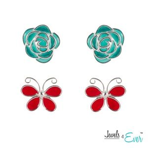 Duo of Butterfly and Rose Enamel Stud Earrings
